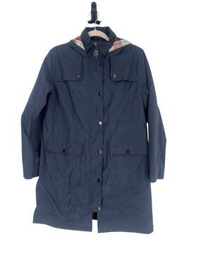 Saphirose Waterproof Rain Jacket Medium Navy Blue Hooded Coat Plaid Tartan
